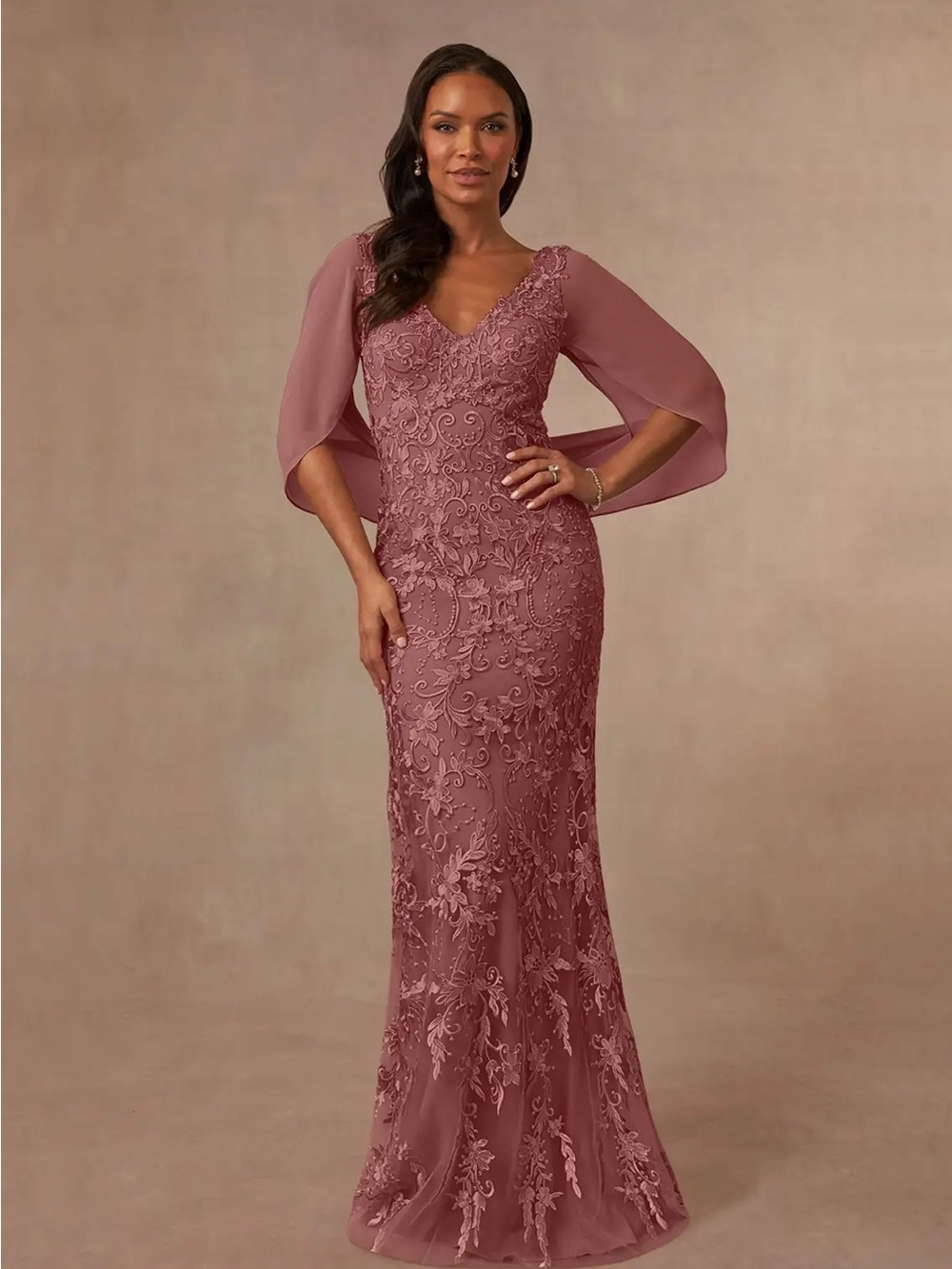 Azazie Dusty Rose Lace Maxi Gown with Capelet Sleeves